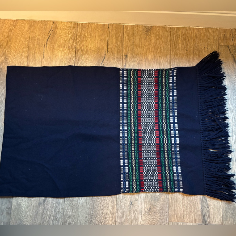 Wool Navy Patterned Scarf Wrap Handmade Fringe Cozy Winter Hygge Oversized - Picture 6 of 8
